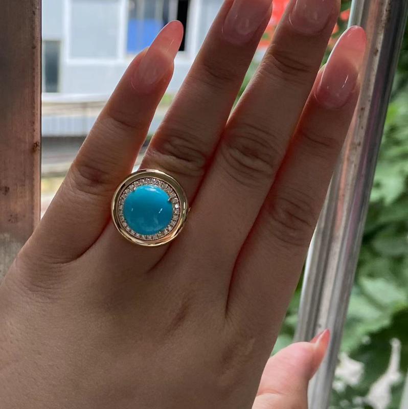 Primiana 2025 New Classic Style18K Gold Natural Turquoise 12x12 MM Round Shape Side Stone Lab Diamond Rings Girlfriend Gif