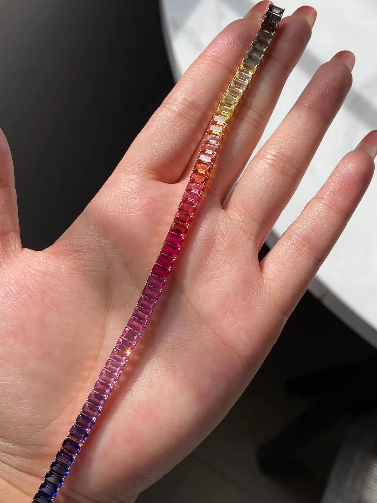Primiana 2025 New Classic Style18K Rose Gold Main Stone 3x5mm Emerald Shape Lab Grow Sapphire Rainbow Bracelet Girlfriend Gif