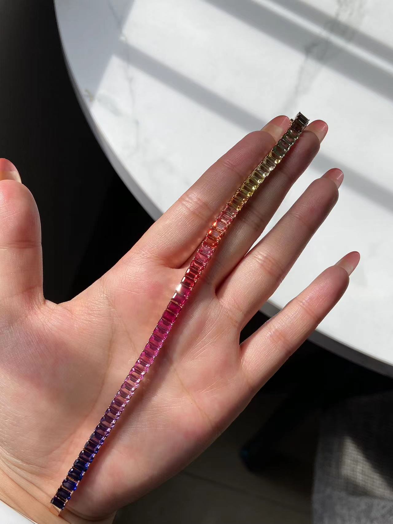 Primiana 2025 New Classic Style18K Rose Gold Main Stone 3x5mm Emerald Shape Lab Grow Sapphire Rainbow Bracelet Girlfriend Gif