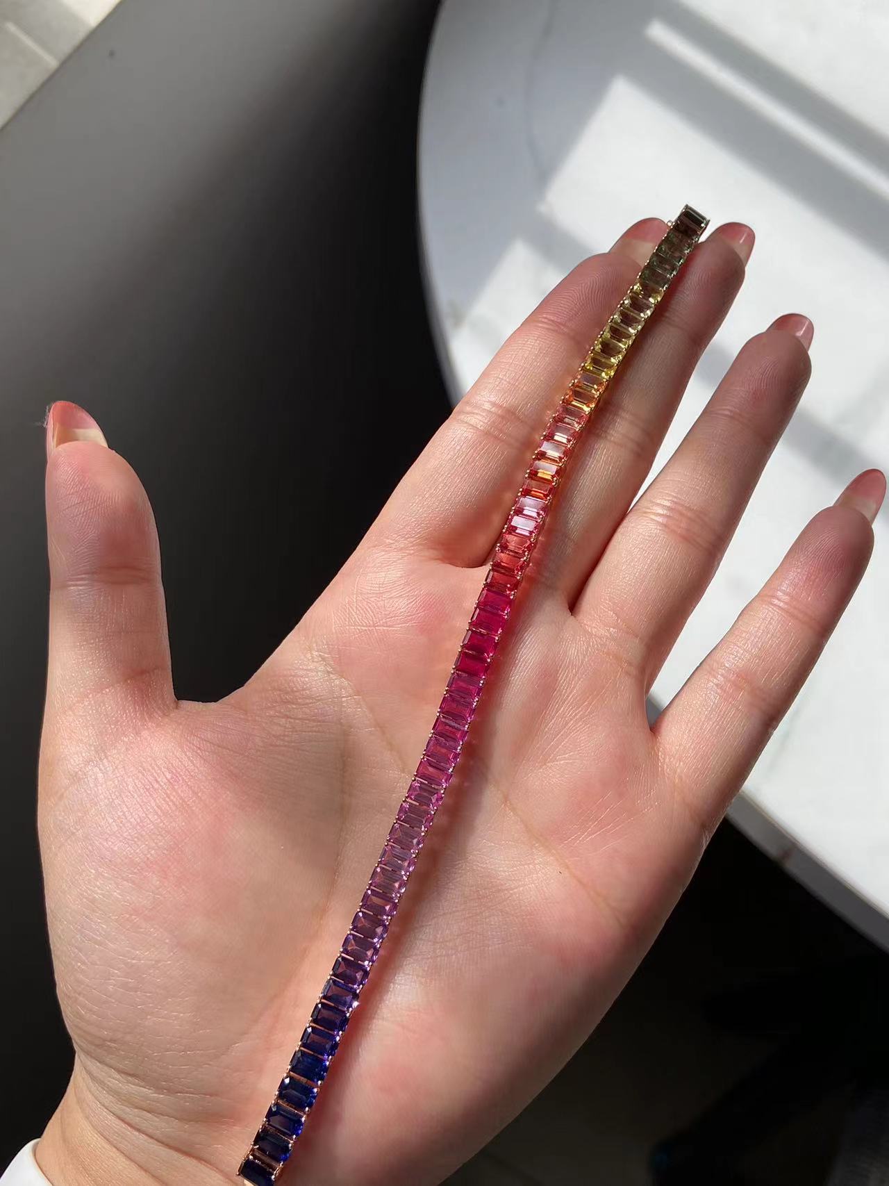 Primiana 2025 New Classic Style18K Rose Gold Main Stone 3x5mm Emerald Shape Lab Grow Sapphire Rainbow Bracelet Girlfriend Gif