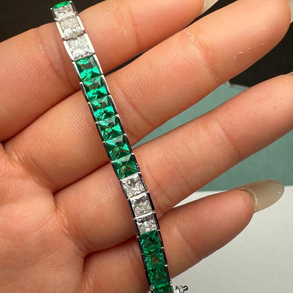 Pirmiana Jewelry Customized 14K White Gold 4x4mm Each Lab Grown Emerlad Bracelet for Women Fine Jewelry