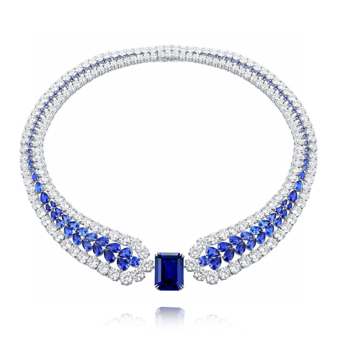 Pirmiana Jewelry S925 Silver elegant and luxury 22.28CT Lab Grown Sapphire Necklace with 130.06CT Moissanite stones for Glamorous Occasions