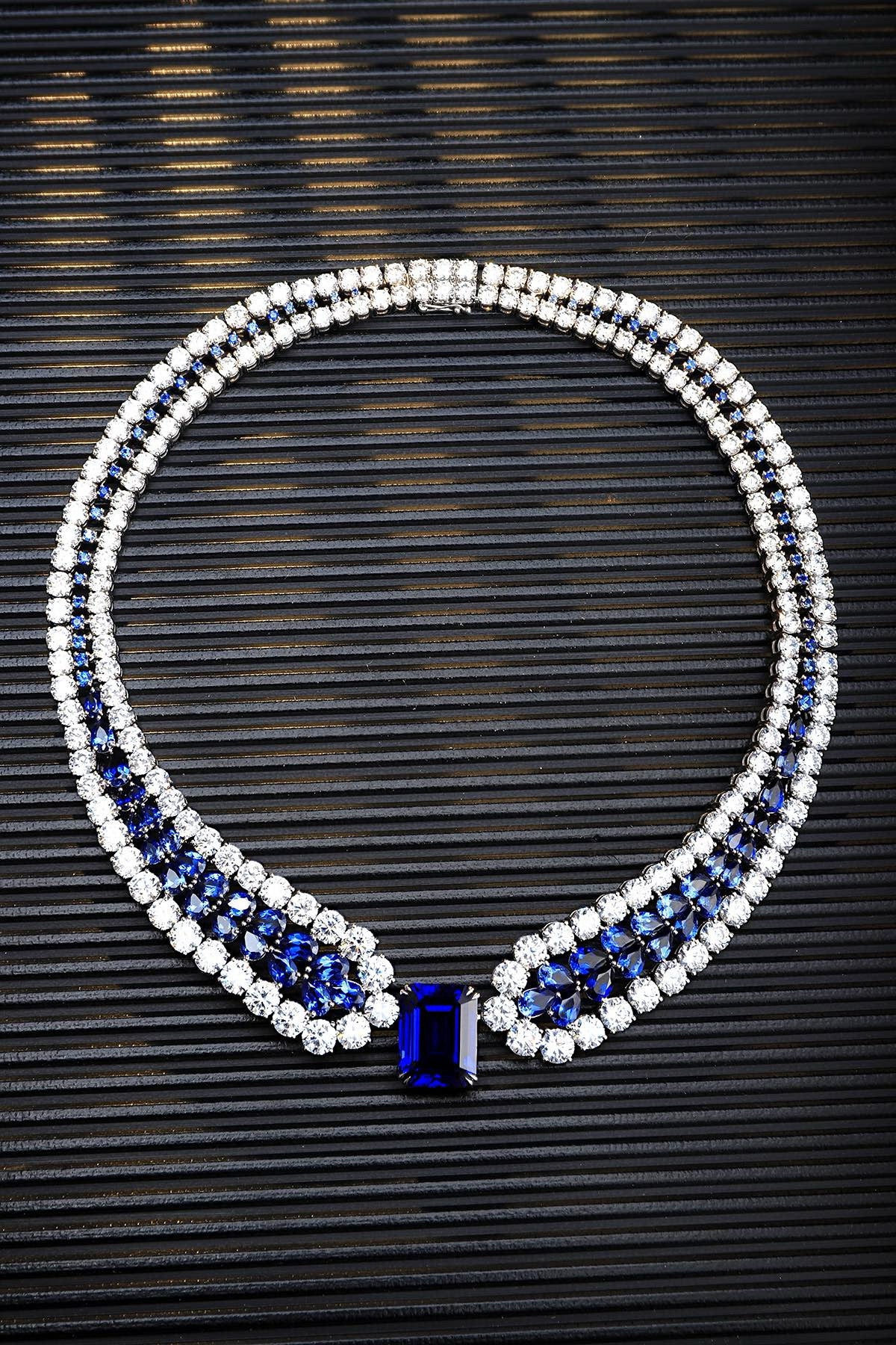 Pirmiana Jewelry S925 Silver elegant and luxury 22.28CT Lab Grown Sapphire Necklace with 130.06CT Moissanite stones for Glamorous Occasions