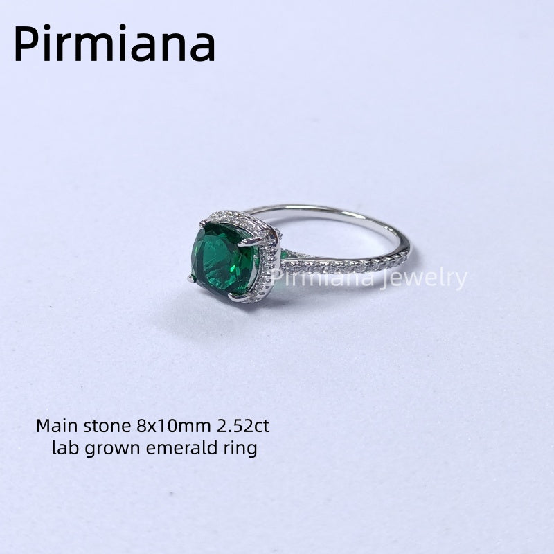 Pirmiana Cushion cut Lab Grown Emerald Gemstone Ring S925 Silver Intricate Micro-Setting High-End Elegance for Special Occasions