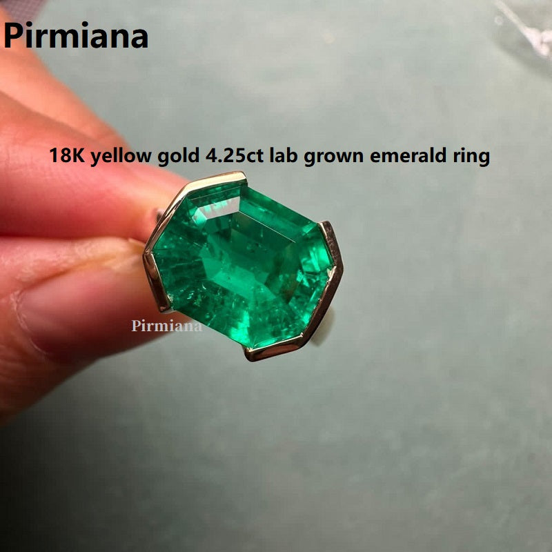 Pirmiana Custom Design 18K Yellow Gold 4.25ct Lab Grown Emerald Ring