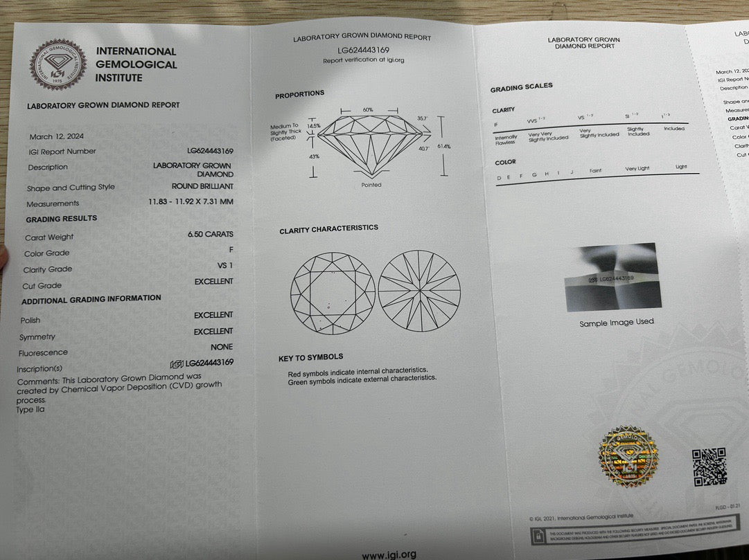 Pirmiana Round 6.5-6.7ct Lab Grown Diamond F VS1 2EX N IGI Certificate Same As Real Diamond