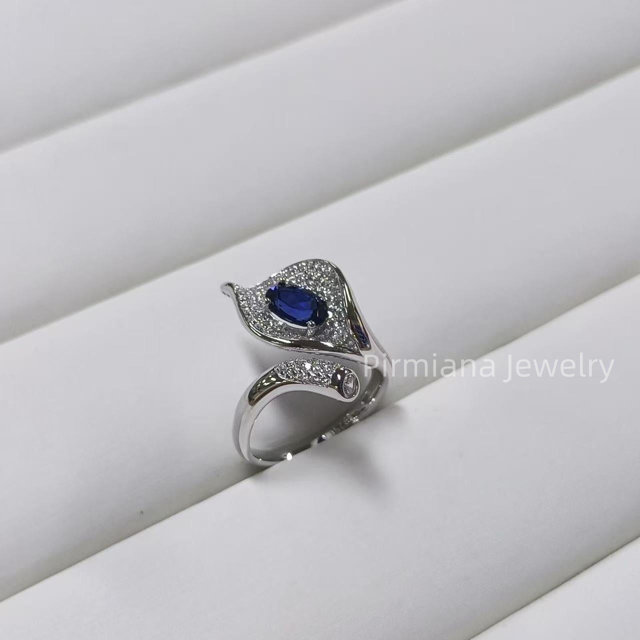 Pirmiana Handcrafted S925 Silver Lab Grown Sapphire Ring | Artistic Leaf-Shaped Statement Jewelry for Women