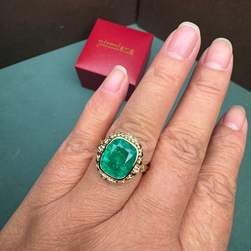 Pirmiana Custom Design Retro Style 18K Yellow Gold 5.0ct Lab Grown Emerald Ring