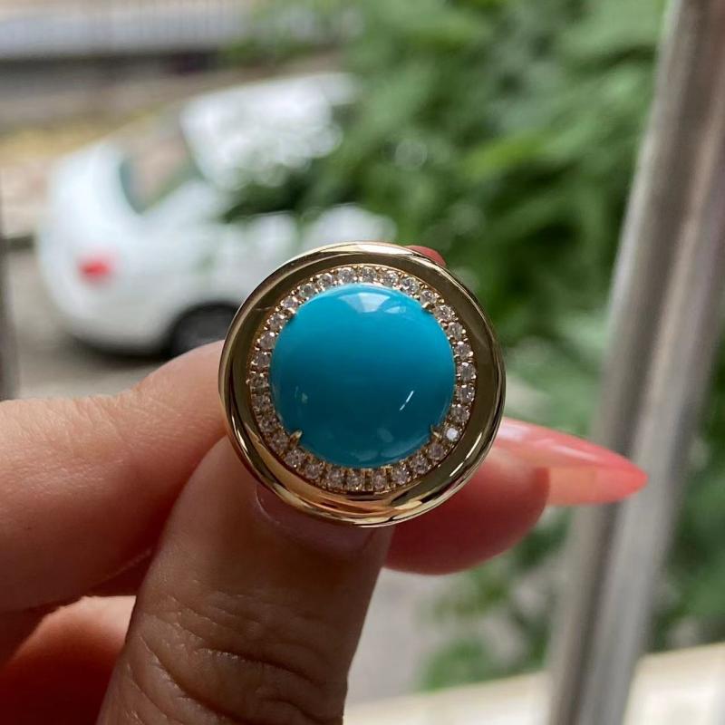 Primiana 2025 New Classic Style18K Gold Natural Turquoise 12x12 MM Round Shape Side Stone Lab Diamond Rings Girlfriend Gif