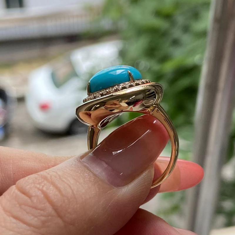 Primiana 2025 New Classic Style18K Gold Natural Turquoise 12x12 MM Round Shape Side Stone Lab Diamond Rings Girlfriend Gif