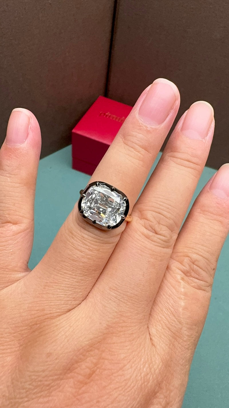 Pirmiana Custom Made 6.72ct Old Mine Cushion Cut CVD Lab Grown Diamond Ring in 18k Yellow and Black Gold Ring