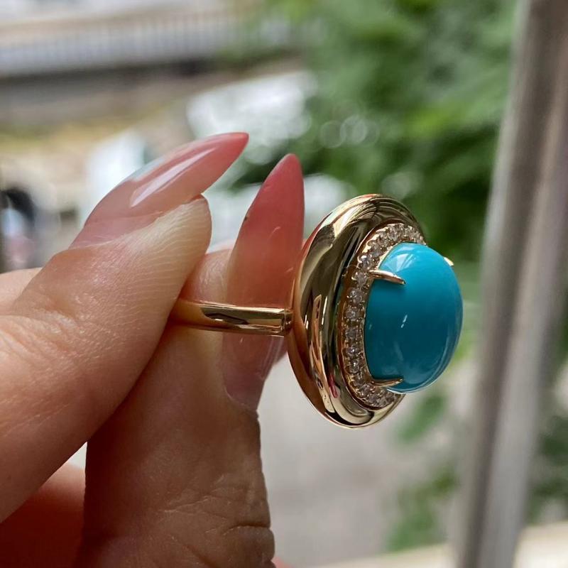 Primiana 2025 New Classic Style18K Gold Natural Turquoise 12x12 MM Round Shape Side Stone Lab Diamond Rings Girlfriend Gif