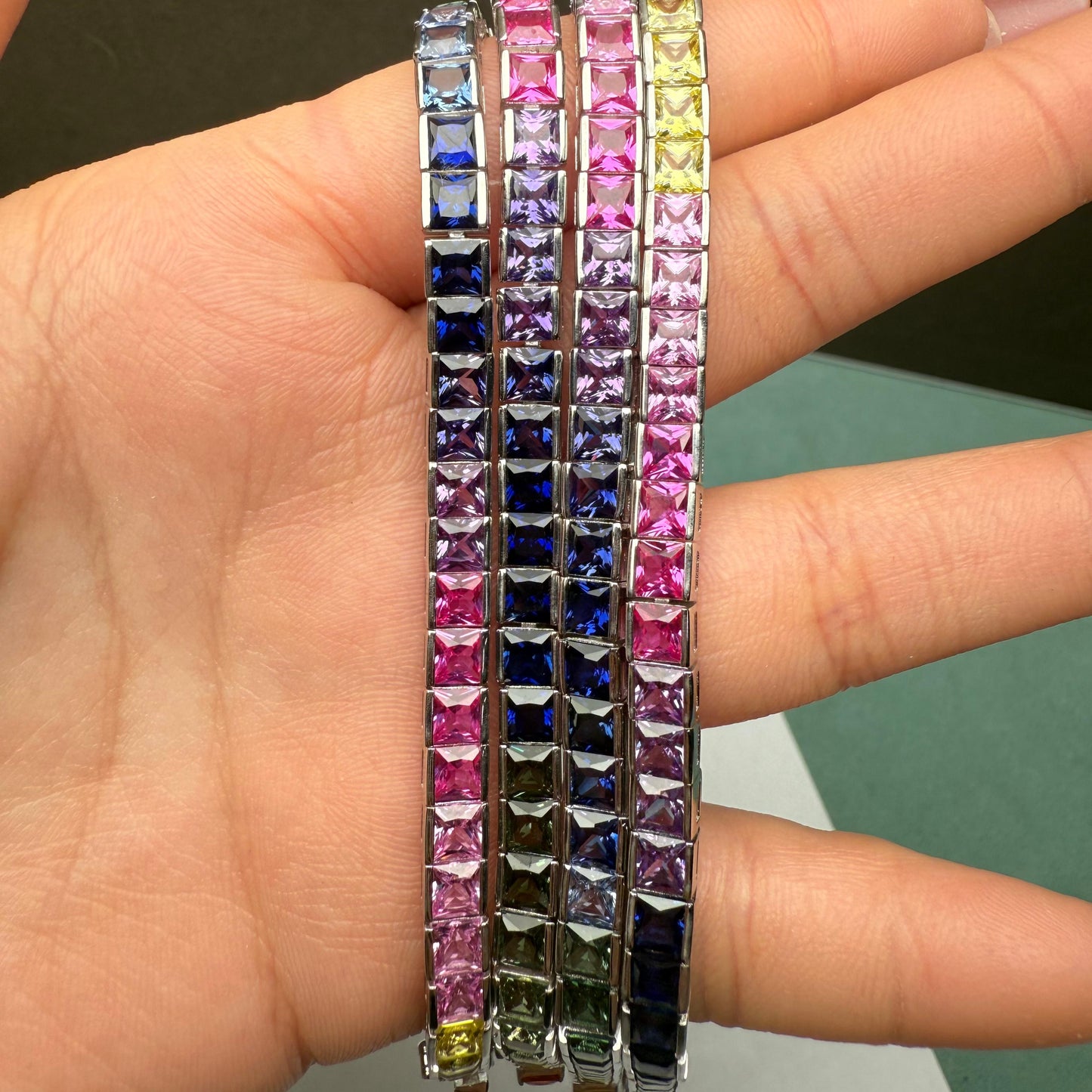 Pirmiana Hot Sale Rainbow Bracelet S925 Silver Setting 4x4mm Square Lab Created Sapphire Fashion Jewelry for Christmas Gifts