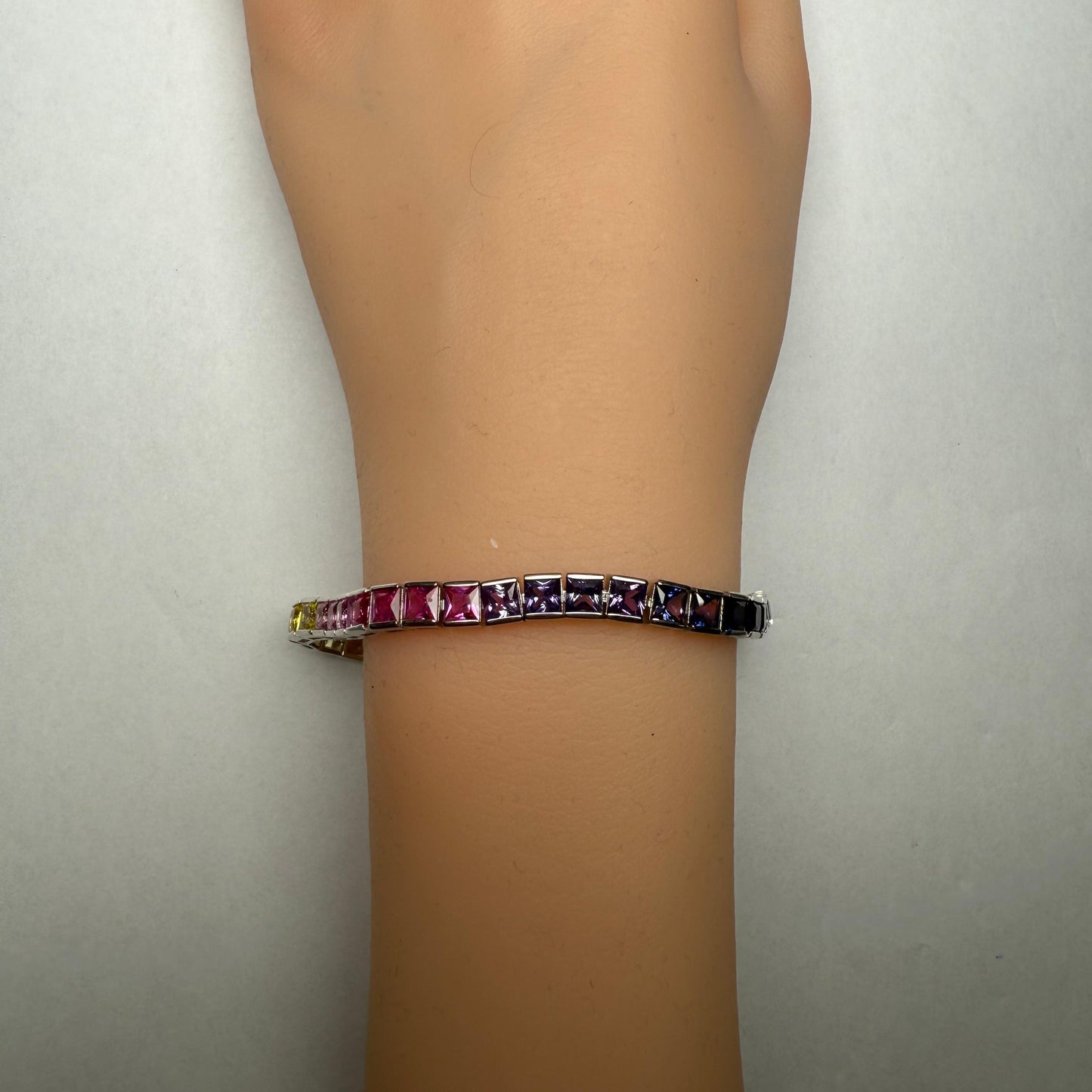 Pirmiana Hot Sale Rainbow Bracelet S925 Silver Setting 4x4mm Square Lab Created Sapphire Fashion Jewelry for Christmas Gifts