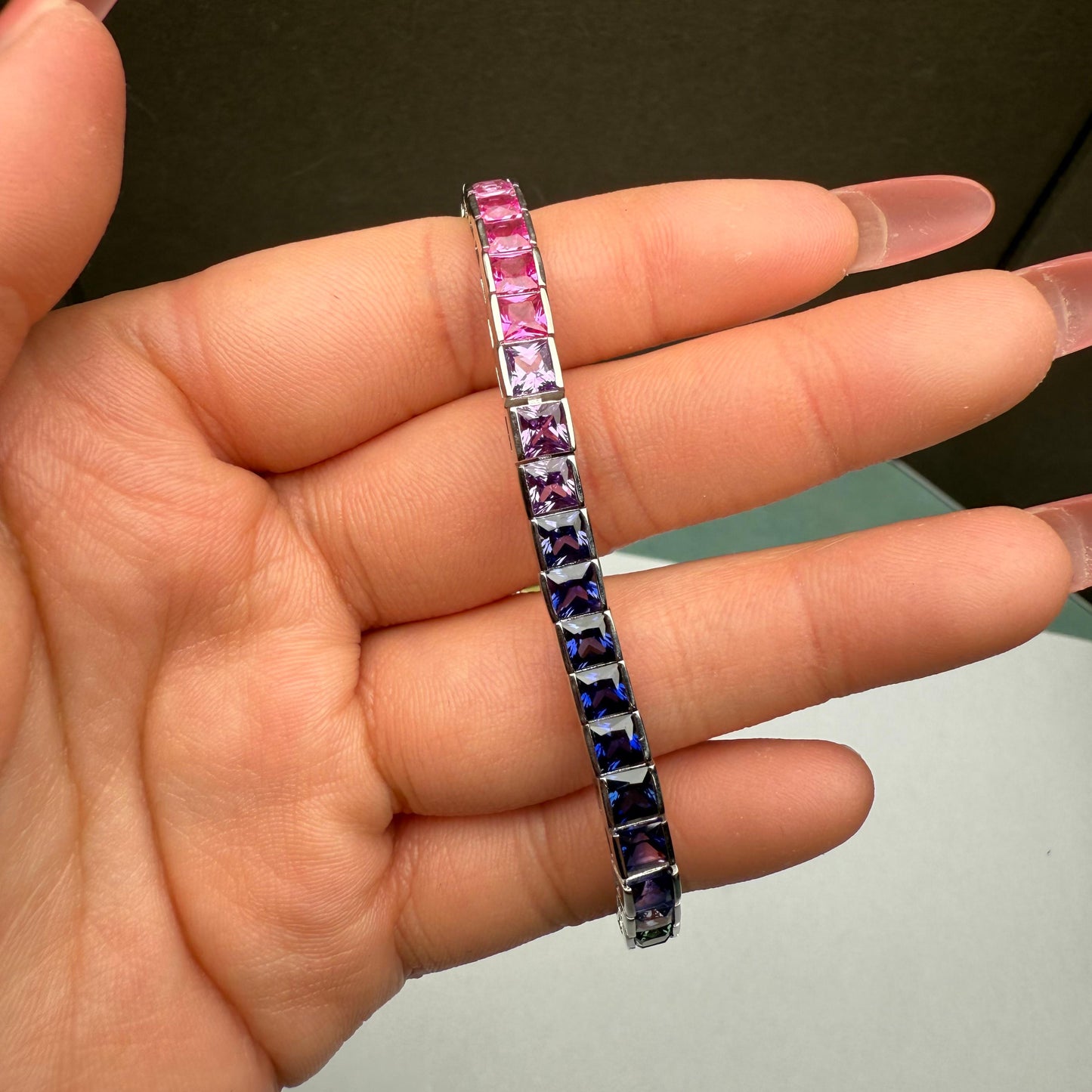 Pirmiana Hot Sale Rainbow Bracelet S925 Silver Setting 4x4mm Square Lab Created Sapphire Fashion Jewelry for Christmas Gifts