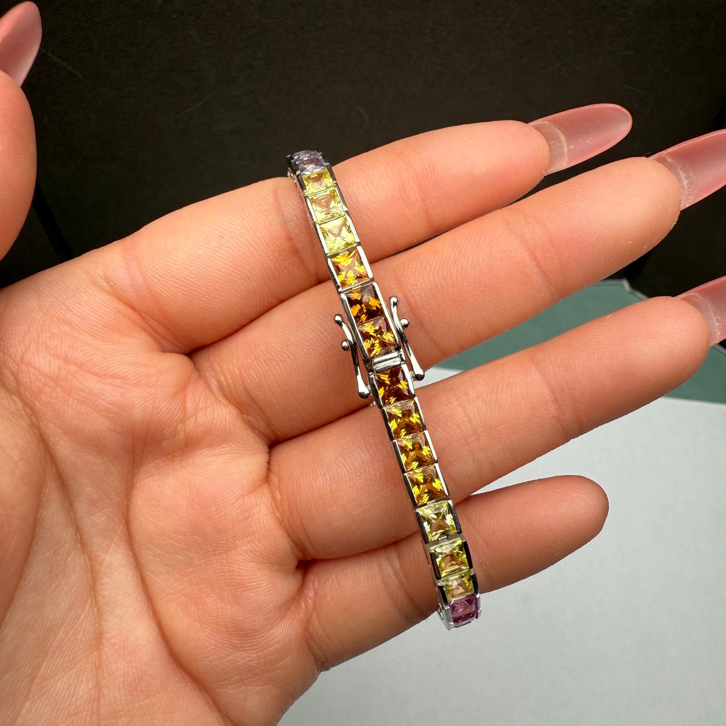 Pirmiana Hot Sale Rainbow Bracelet S925 Silver Setting 4x4mm Square Lab Created Sapphire Fashion Jewelry for Christmas Gifts