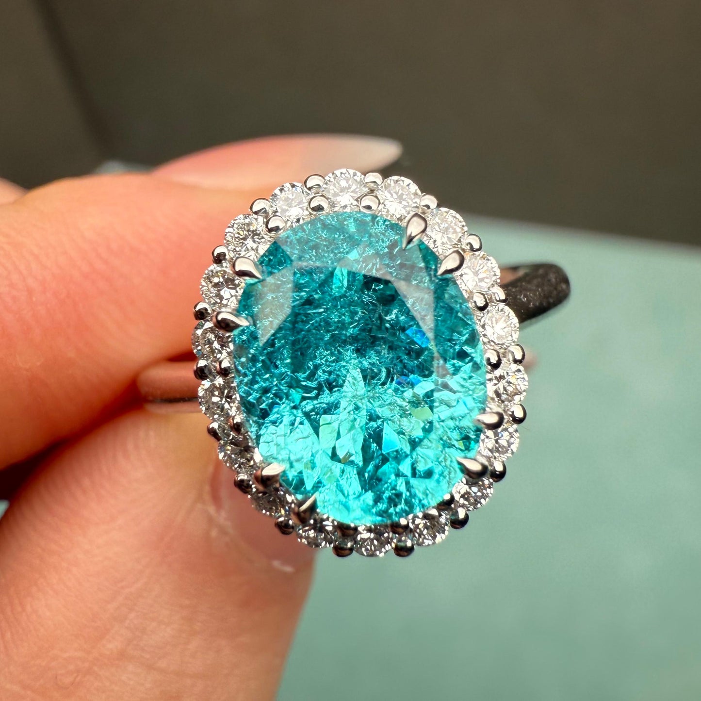 Pirmiana Custom Design 9k White Gold Ring for Women 4.68ct Lab Grown Paraiba And DEF CVD Diamond Jewelry
