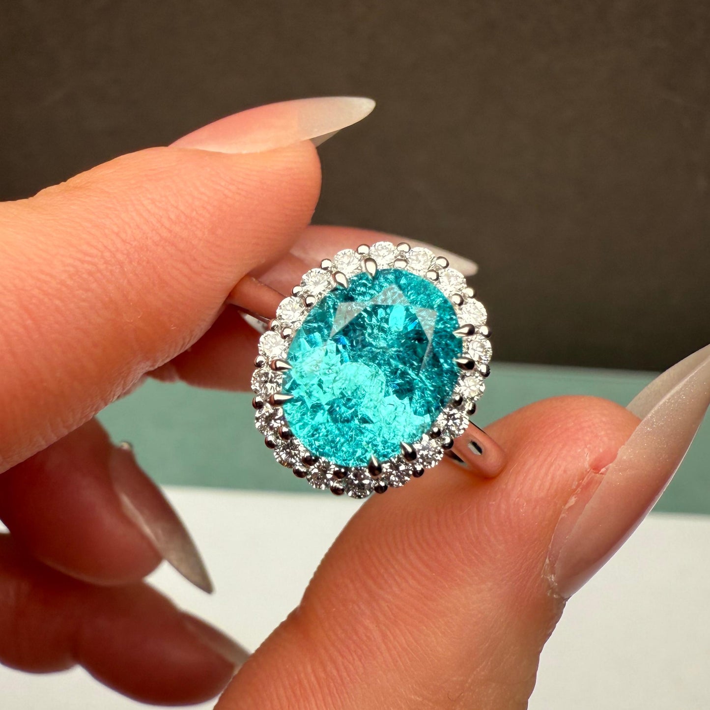 Pirmiana Custom Design 9k White Gold Ring for Women 4.68ct Lab Grown Paraiba And DEF CVD Diamond Jewelry
