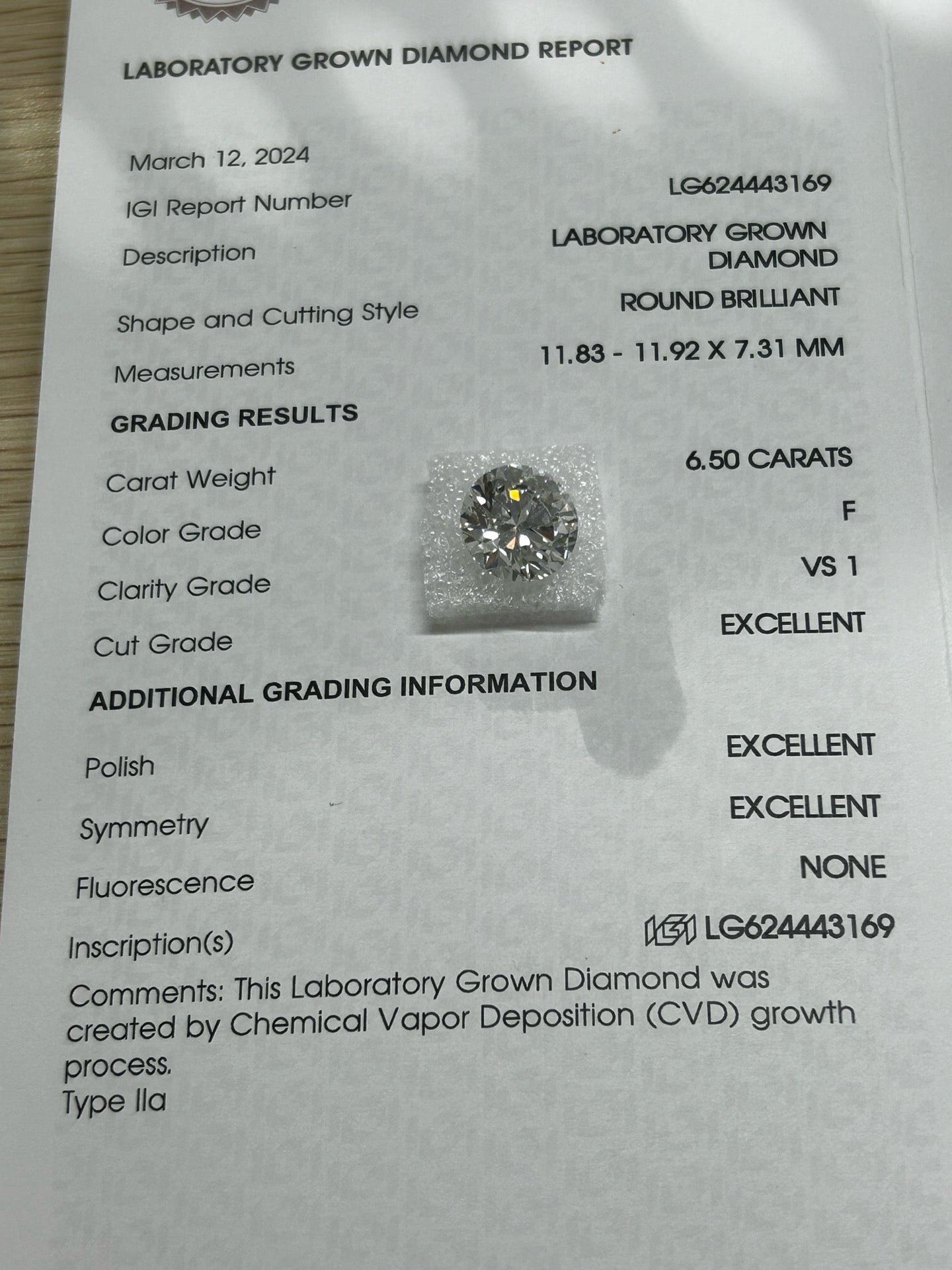 Pirmiana Round 6.5-6.7ct Lab Grown Diamond F VS1 2EX N IGI Certificate Same As Real Diamond