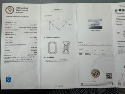 Pirmiana Excellent Quality 20ct Emerald Cut  Lab Grown Diamond F VS1 With IGI Certificate