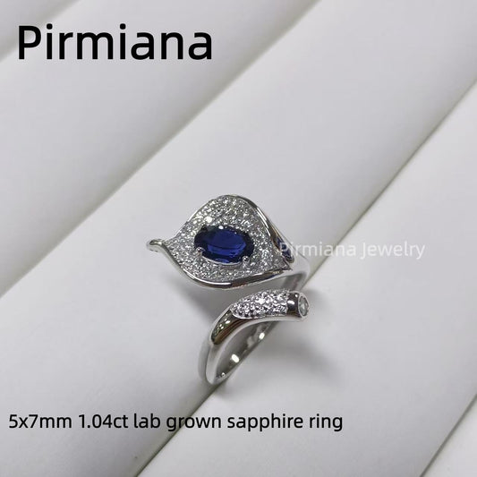Pirmiana Handcrafted S925  Silver Lab Grown Sapphire Ring | Artistic Leaf-Shaped Statement Jewelry for Women