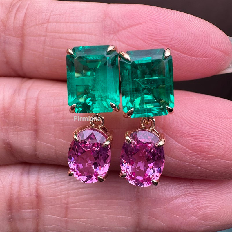 18K yellow gold 4.385ct lab grown emerald earrings