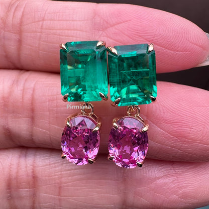 18K yellow gold 4.385ct lab grown emerald earrings