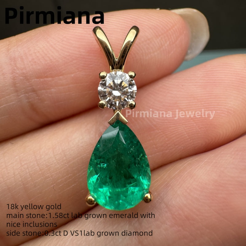 Pirmiana 18K Yellow Gold 1.58ct Lab Grown Emerald and 0.3ct DEF VS Round Cut Lab Grown Diamond necklace and pendant Engagement gift for Women