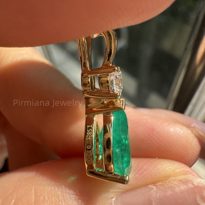 Pirmiana 18K Yellow Gold 1.58ct Lab Grown Emerald and 0.3ct DEF VS Round Cut Lab Grown Diamond necklace and pendant Engagement gift for Women