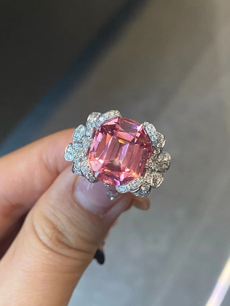 RUIF Customize 18k Gold Luxury about 12ct Lab Grown Padparadscha Sapphire Rings for Women Lab Grown Diamond RING