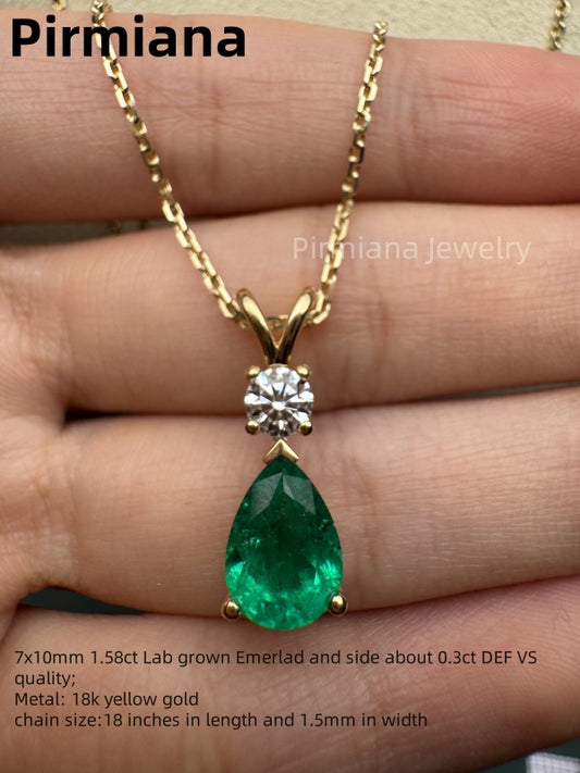 Pirmiana 18K Yellow Gold 1.58ct Lab Grown Emerald and 0.3ct DEF VS Round Cut Lab Grown Diamond necklace and pendant Engagement gift for Women