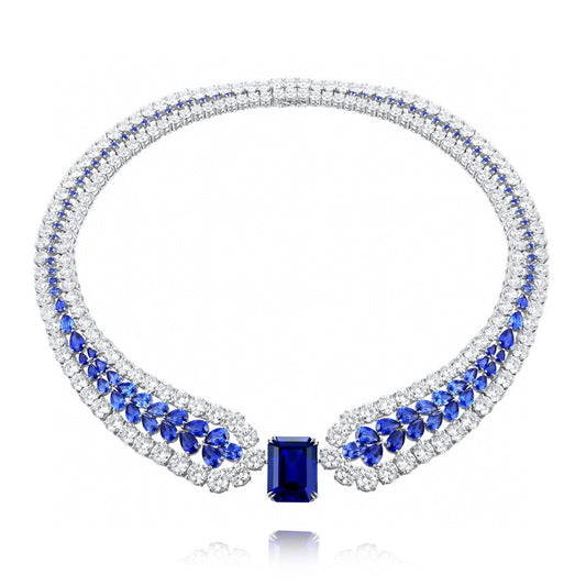 Pirmiana Jewelry S925 Silver elegant and luxury 22.28CT Lab Grown Sapphire Necklace with 130.06CT Moissanite stones for Glamorous Occasions