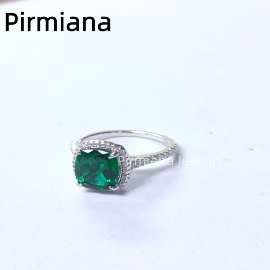 Pirmiana Cushion cut Lab Grown Emerald Gemstone Ring S925 Silver Intricate Micro-Setting High-End Elegance for Special Occasions