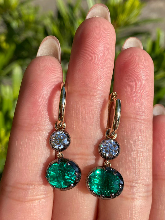 Pirmiana Hot Sale Classic Design  7x9mm Lab Grown Emerald Earrings Each 5mm Lab Grown  Diamond 14K Black + Yellow Gold  Girlfriend Gift