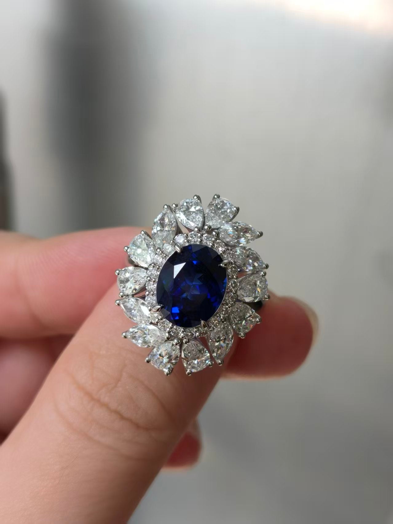 Pirmiana Jewelry Custom Design Ruif Jewelry Elegant Design Platinum 4ct Oval shaped Lab Grown Royal Sapphire AND side  about Lab Grown Diamond Ring Engagement Wedding Band Rings for Women Fine Jewelry for Beautiful Gift