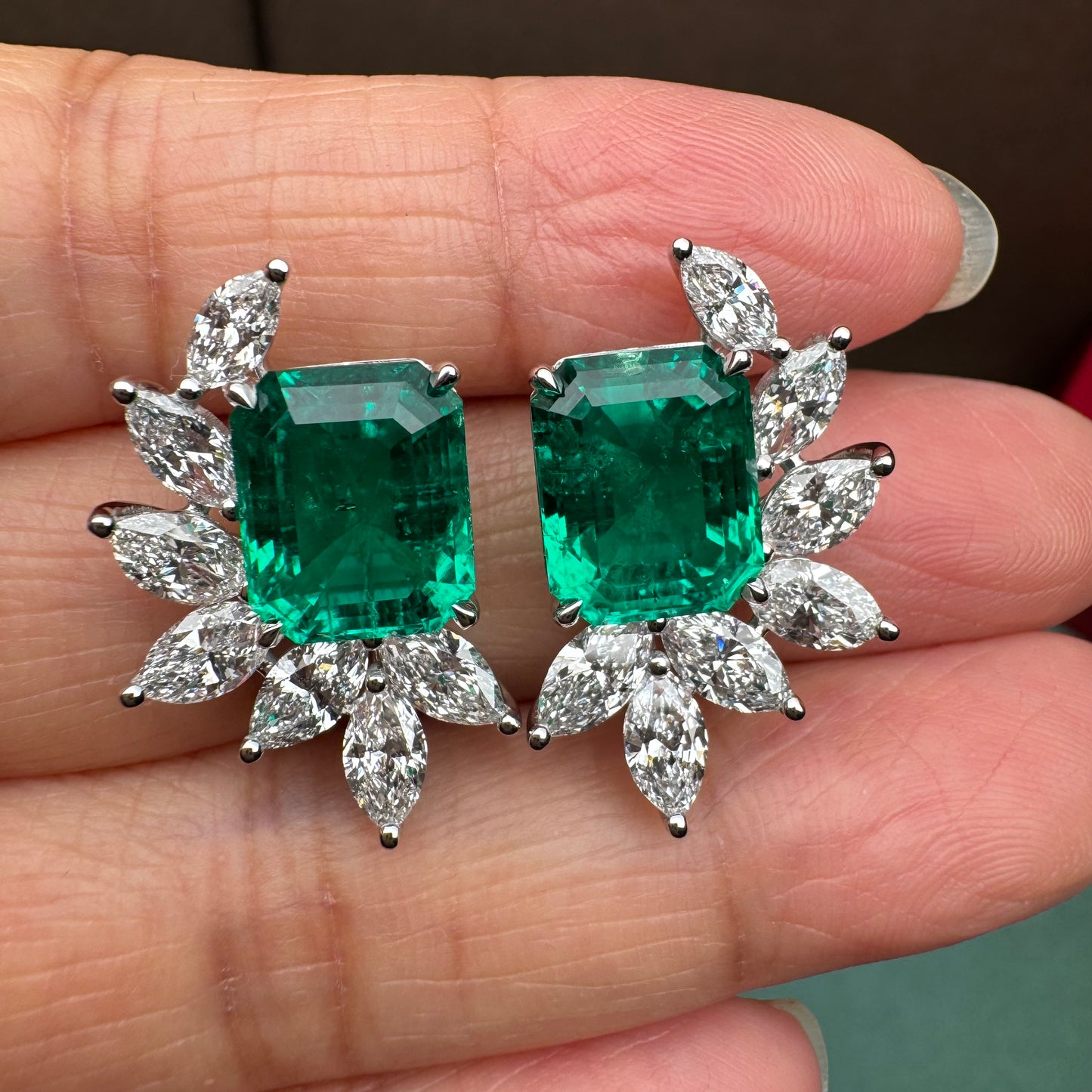 Pirmiana Hot Sale 9x11mm Lab Grown Emerald Earrings Lab Grown Diamond 14K White Gold Girlfriend Gift