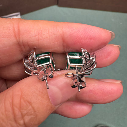 Pirmiana Hot Sale 9x11mm Lab Grown Emerald Earrings Lab Grown Diamond 14K White Gold Girlfriend Gift