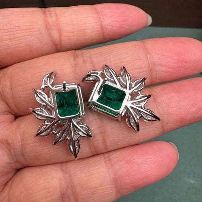 Pirmiana Hot Sale 9x11mm Lab Grown Emerald Earrings Lab Grown Diamond 14K White Gold Girlfriend Gift