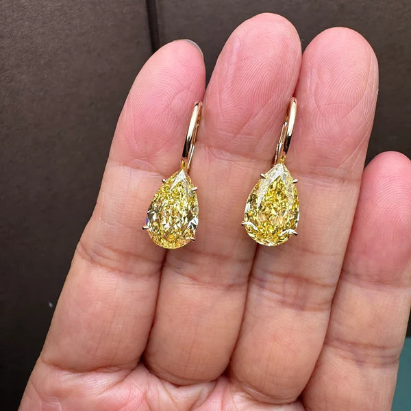 Pirmiana Custom Design 18k Yellow Gold 5.0ct each Pear Shape Lab Grown Yellow Diamond Earrings