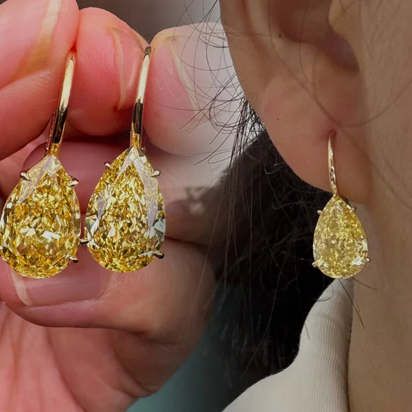 Pirmiana Custom Design 18k Yellow Gold 5.0ct each Pear Shape Lab Grown Yellow Diamond Earrings