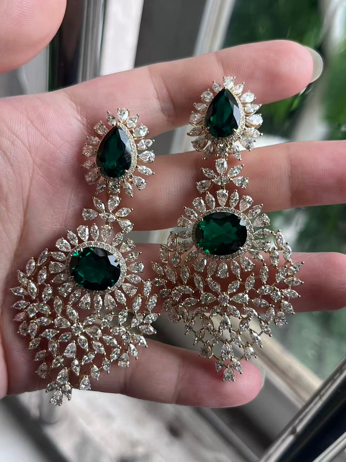Pirmiana Hot Sale 8x12 mm total 14ct Lab Grown Emerald Earrings 14K Yellow Gold Girlfriend Gift