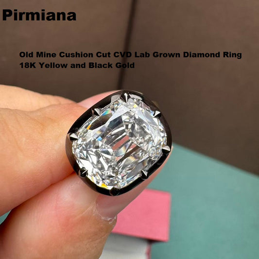 Pirmiana Custom Made  6.72ct Old Mine Cushion Cut CVD Lab Grown Diamond Ring in 18k Yellow and Black Gold Ring