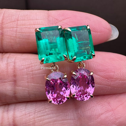 18K yellow gold 4.385ct lab grown emerald earrings