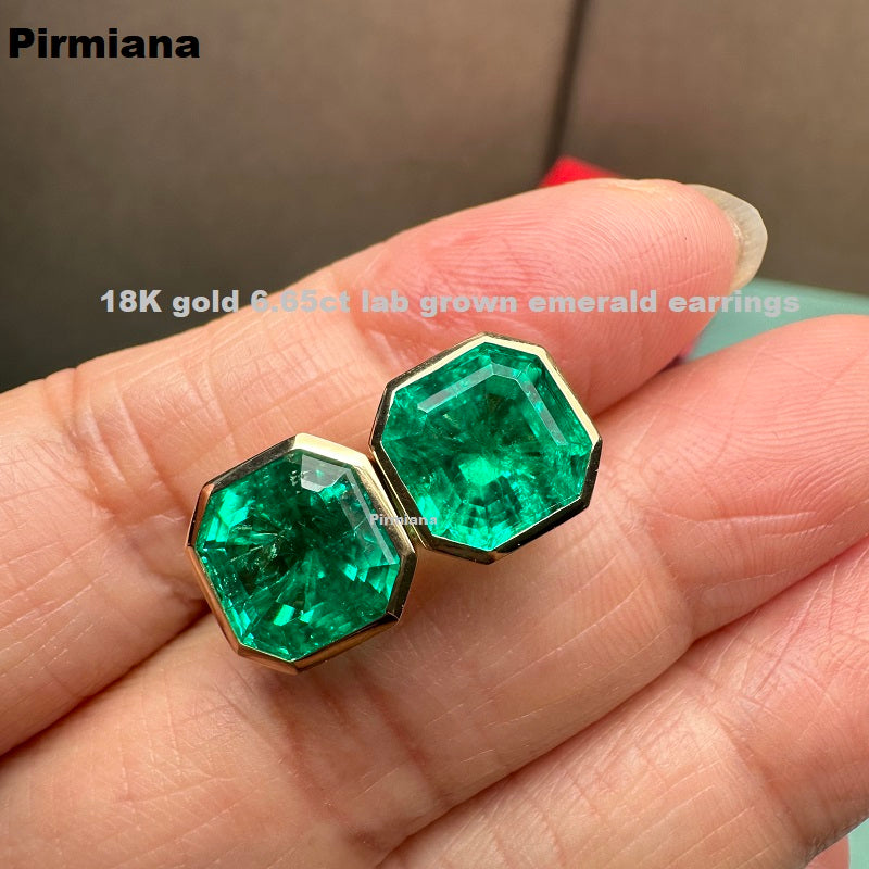 18K yellow gold 6.65ct lab grown emerald earring studs