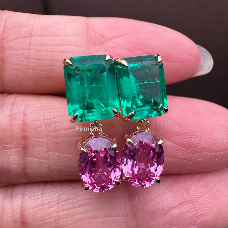 18K yellow gold 4.385ct lab grown emerald earrings