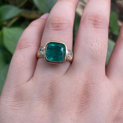 Pirmiana Custom Design 18k Yellow Gold Cushion Shape 10.5mm Lab Grown Emerald Ring