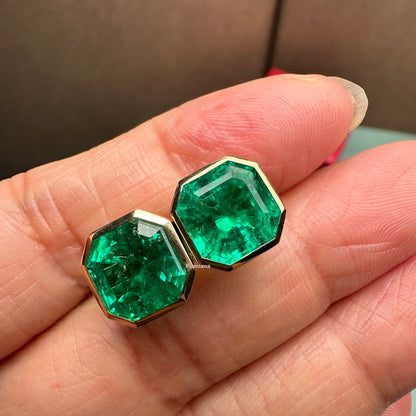 18K yellow gold 6.65ct lab grown emerald earring studs