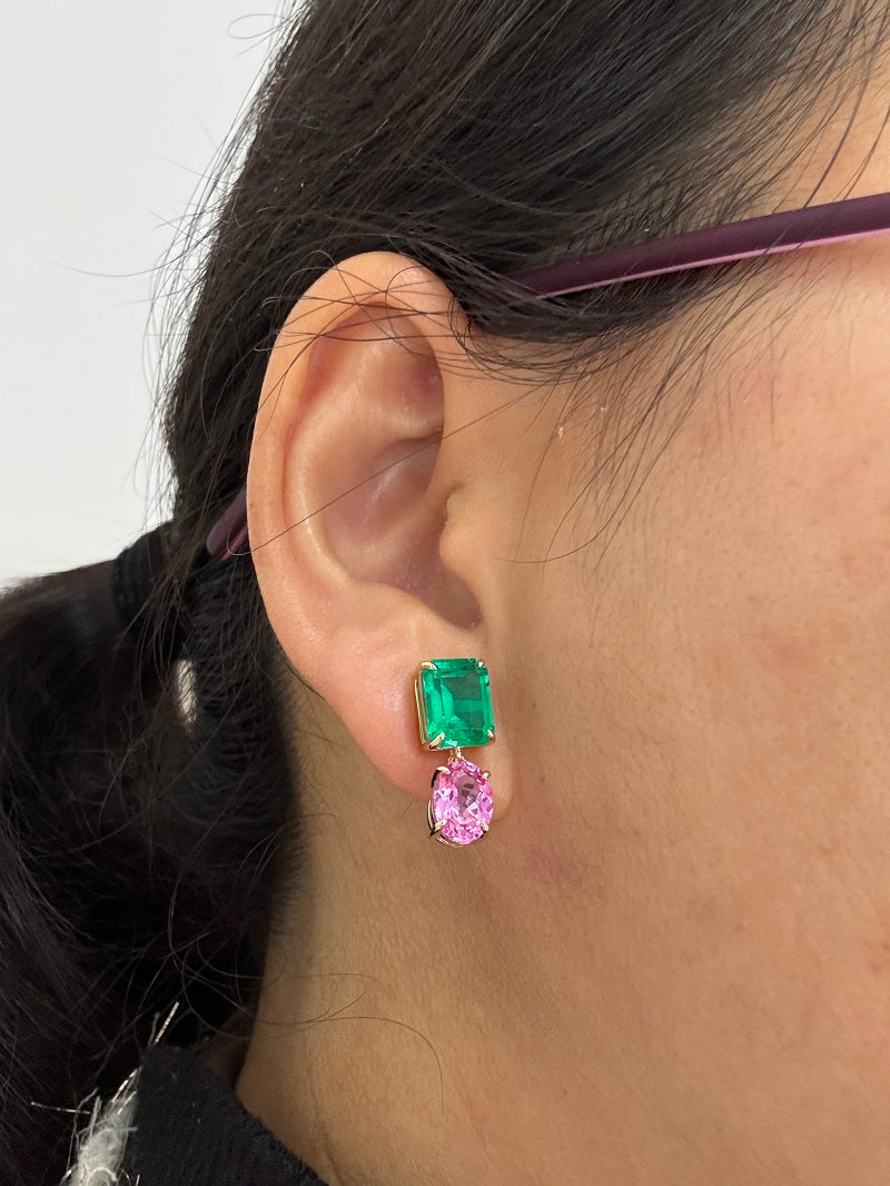 18K yellow gold 4.385ct lab grown emerald earrings