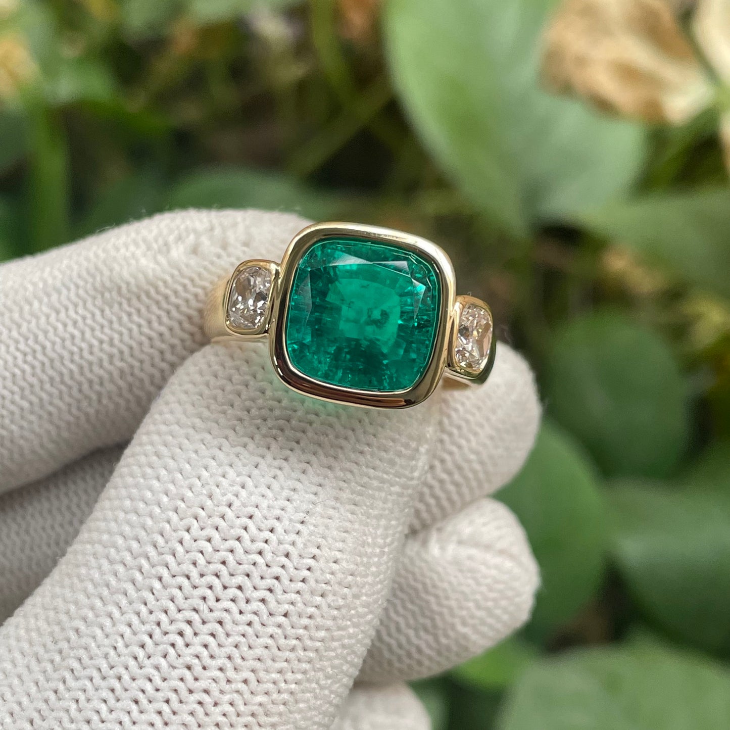 Pirmiana Custom Design 18k Yellow Gold Cushion Shape 10.5mm Lab Grown Emerald Ring
