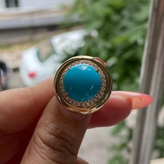 Primiana 2025 New Classic Style18K Gold Natural Turquoise 12x12 MM Round Shape Side Stone Lab Diamond Rings Girlfriend Gif